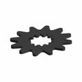 Black metal lock washer with star-shaped outer and inner edges for secure fastening.