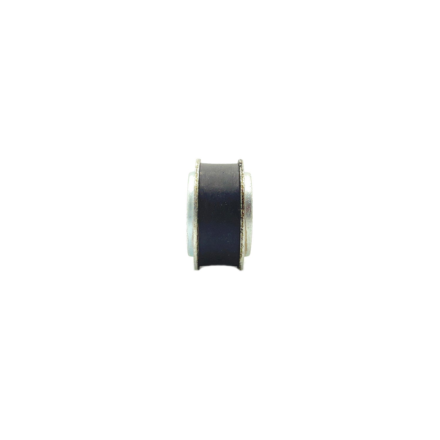 Black cylindrical steering bushing with silver metal flanges on each side.