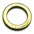 Round metallic thrust washer with smooth surface and golden finish.