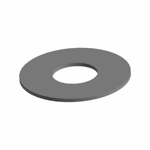 Flat gray metal washer with a circular hole in the center, smooth surface.