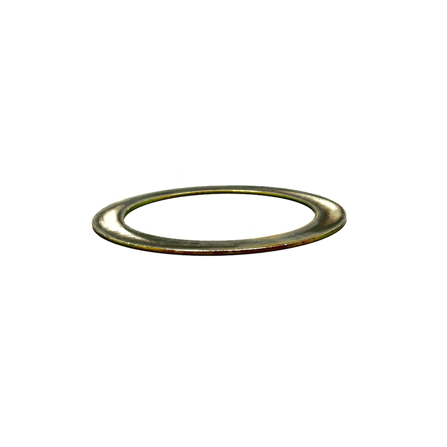 Thin metallic washer with smooth round edges and a central hole.