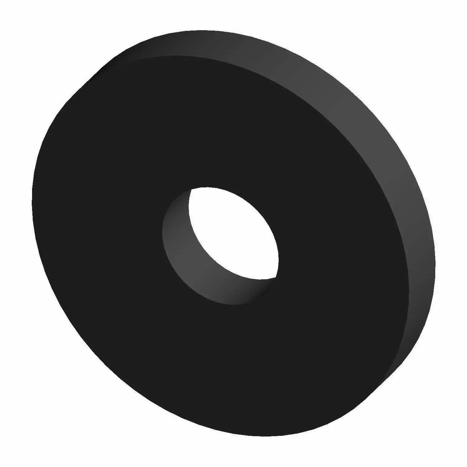 Black circular metal washer with a central round hole and flat surfaces.
