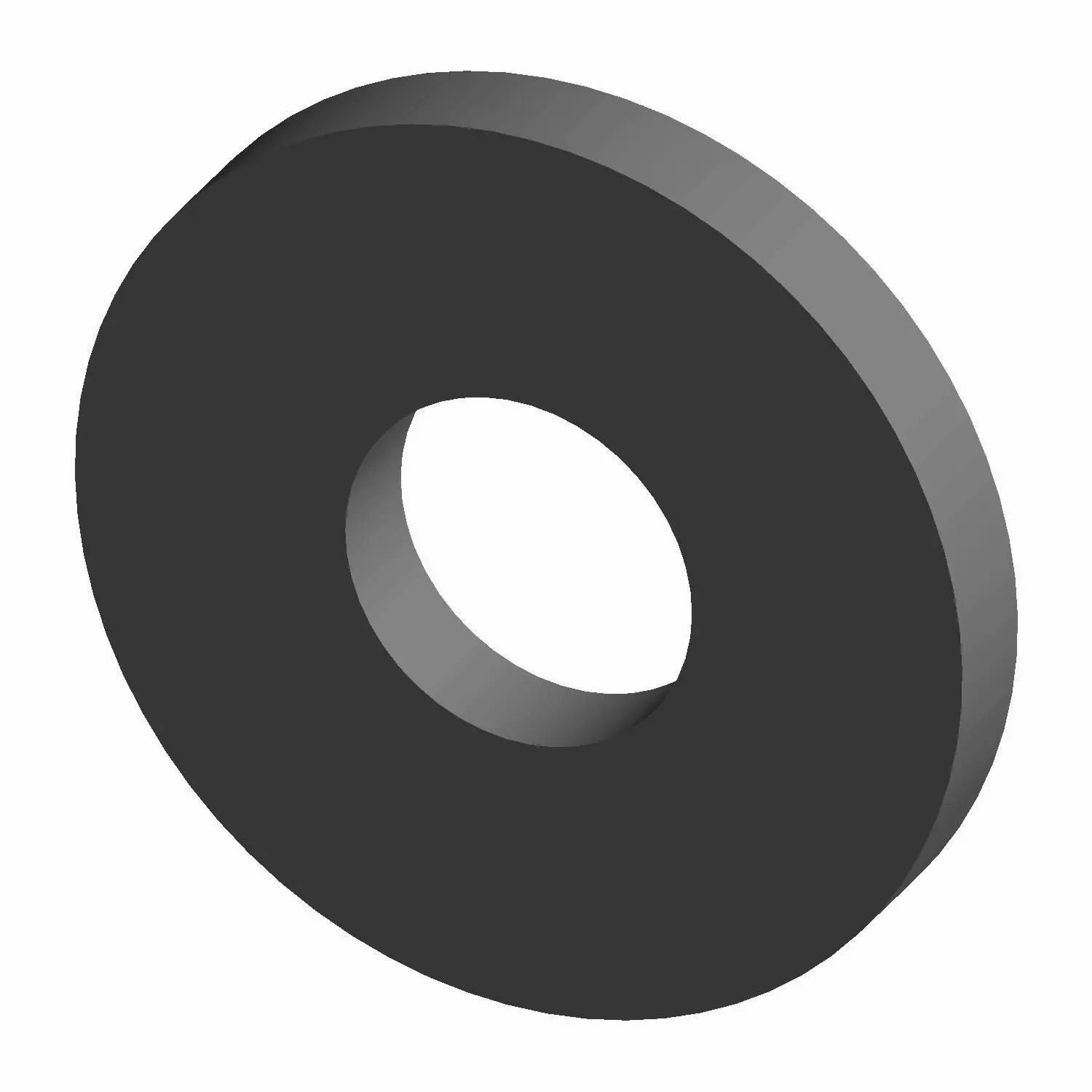 Matte black round flat washer with central hole, metal construction, smooth finish.