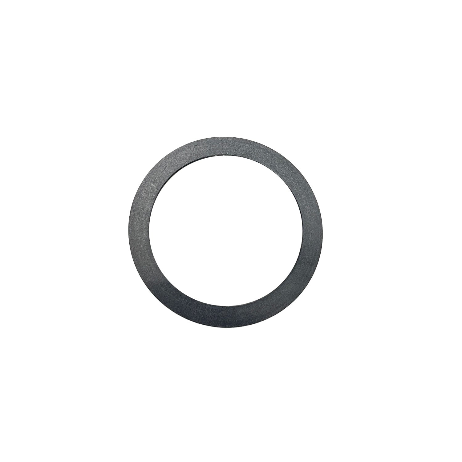 Black metal clutch washer with smooth flat surface and circular shape.