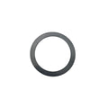 Black metal clutch washer with smooth flat surface and circular shape.