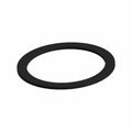 Black flat metal washer with smooth surface and circular shape.