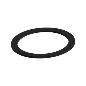 Black flat metal washer with smooth surface and circular shape.