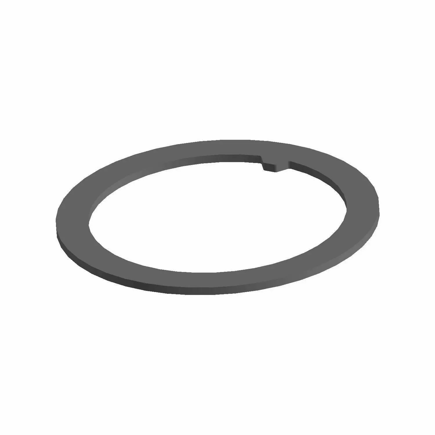 Flat black metal circular washer with a small notch on the inner edge.