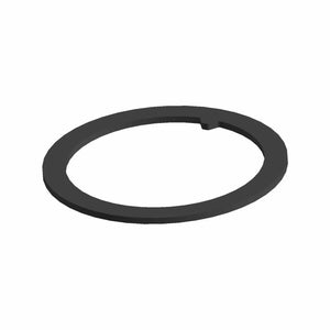 Black flat metal washer with a small notch on the inner edge.