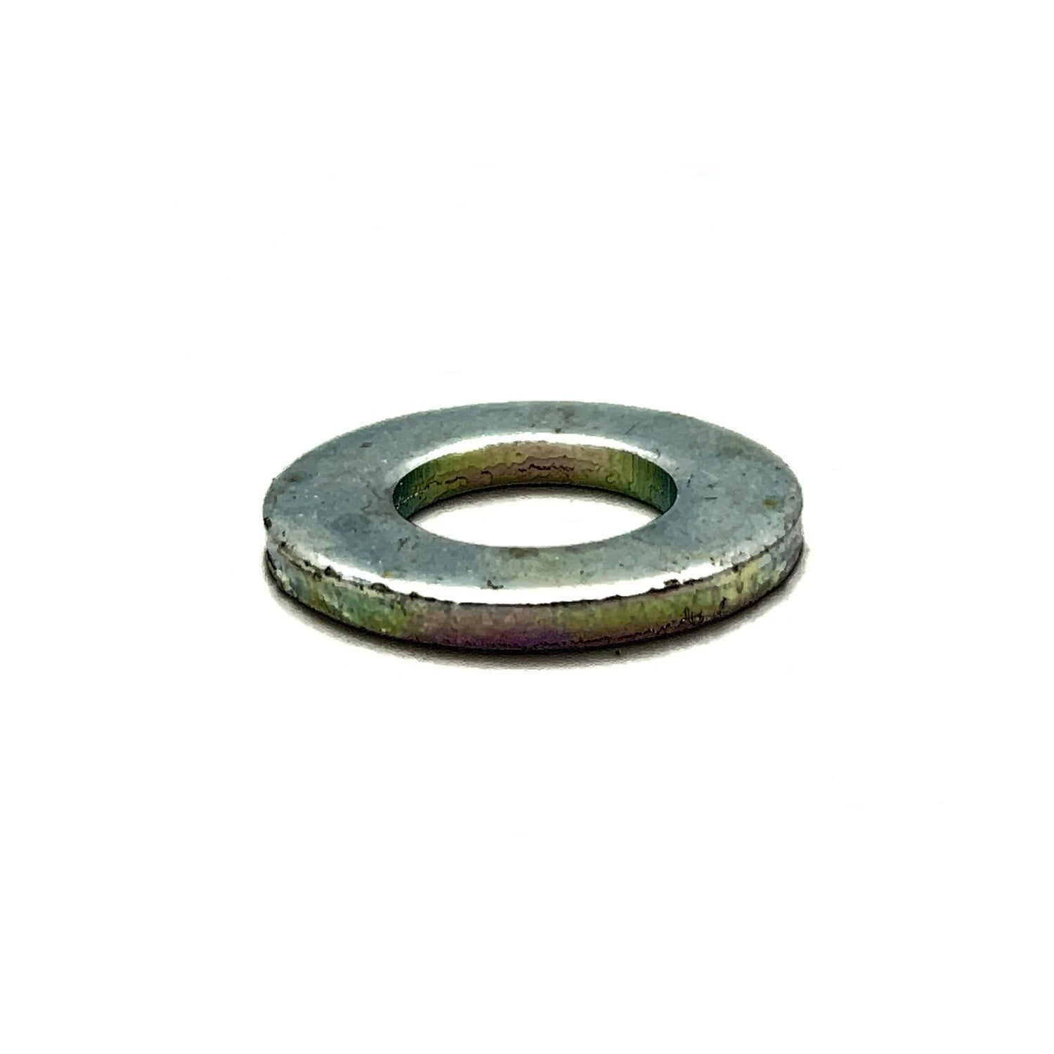 Flat metallic washer with a smooth surface and a central circular hole, silver-gray finish.