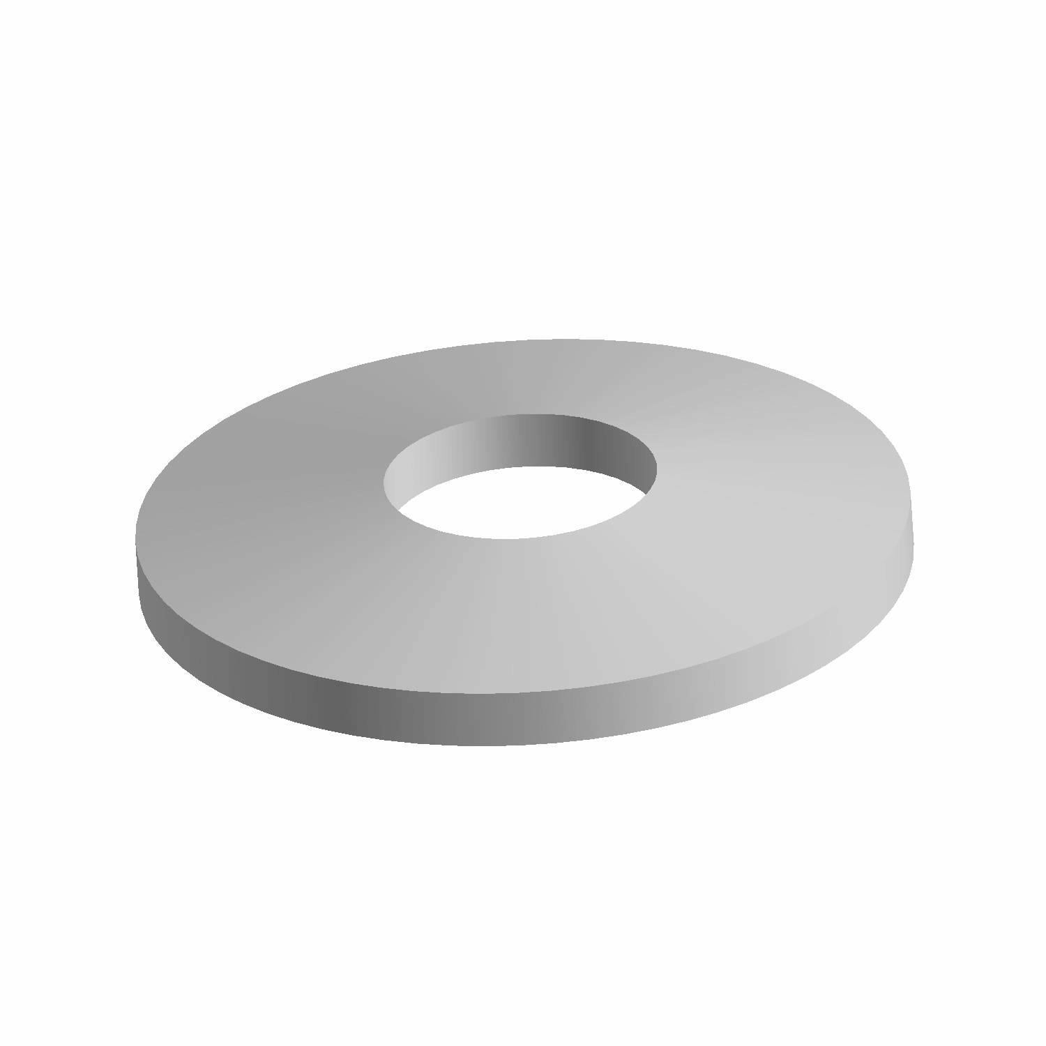 Silver flat metal washer with central round hole and smooth finish.