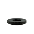 Black metal axle washer with smooth flat surface and central round hole.