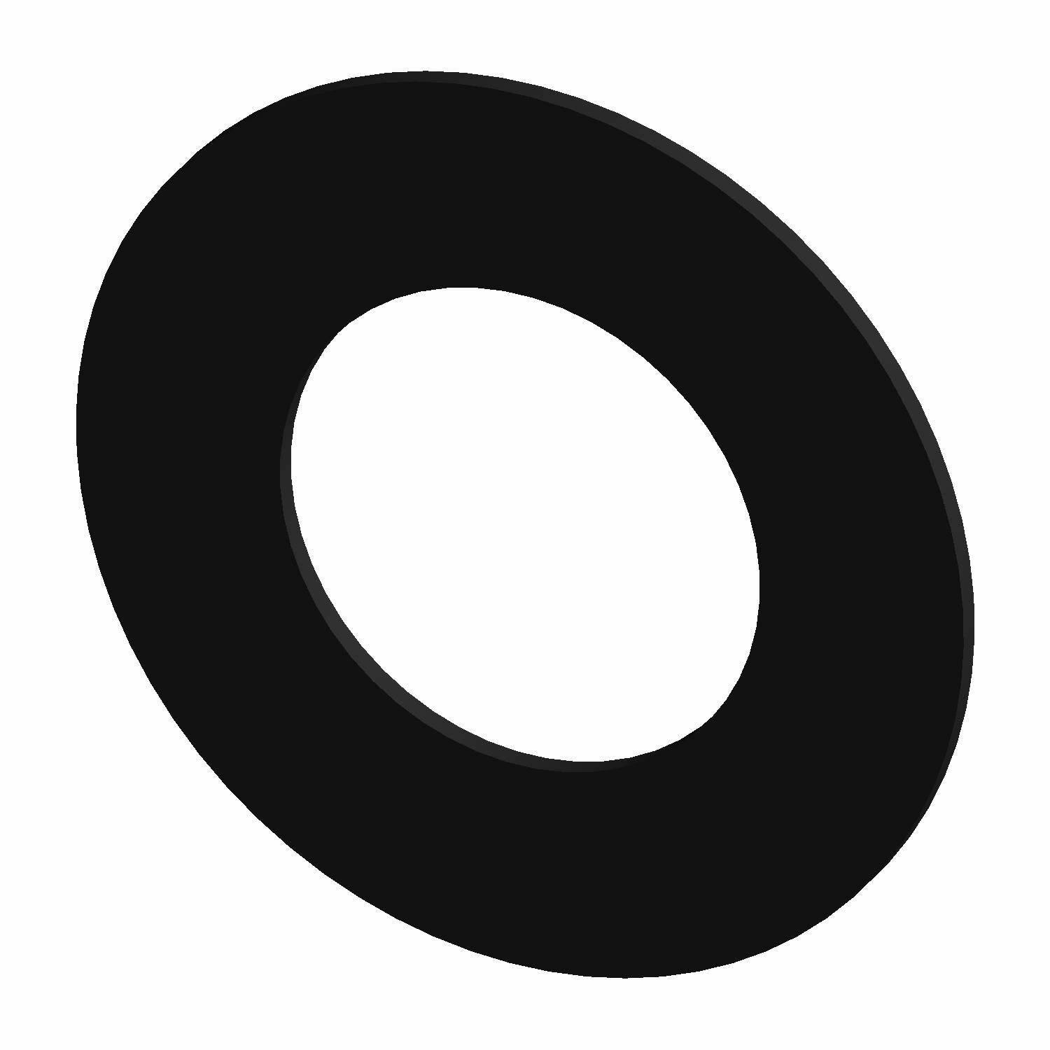 Black flat metal washer with a smooth finish, round shape, and a large central hole.