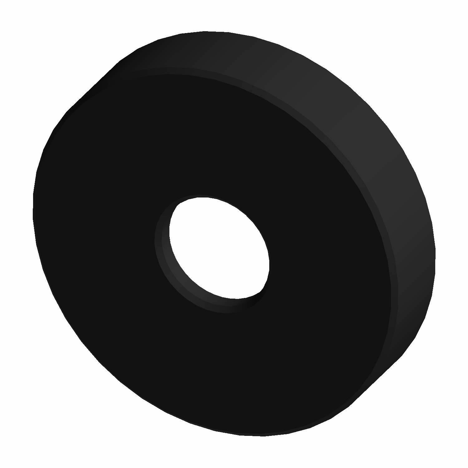 Black round rubber cup washer with central hole and flat smooth surfaces.