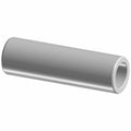 Cylindrical silver metal spacer sleeve with hollow center and smooth surface.