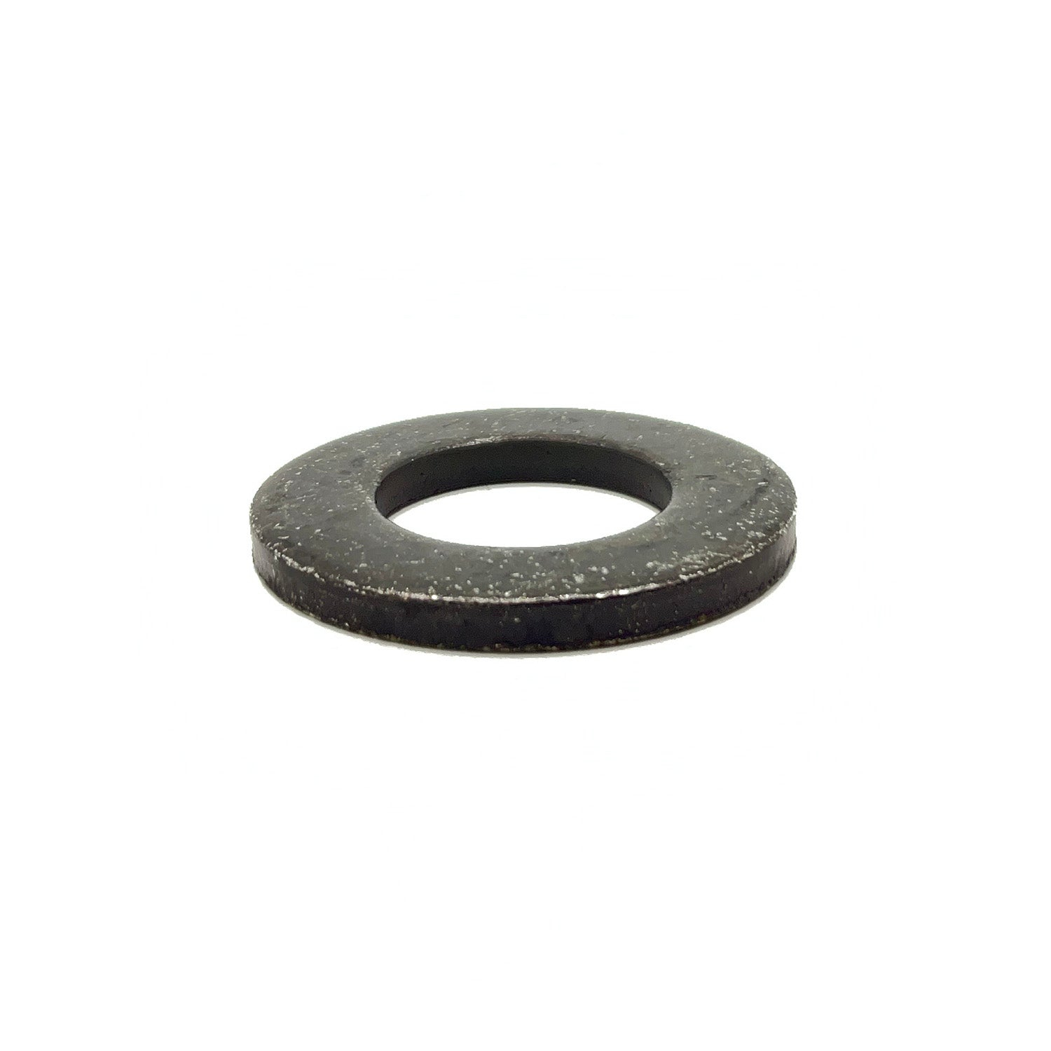 Black metal washer with 15mm inside diameter and beveled edges.