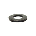 Black metal washer with 15mm inside diameter and beveled edges.