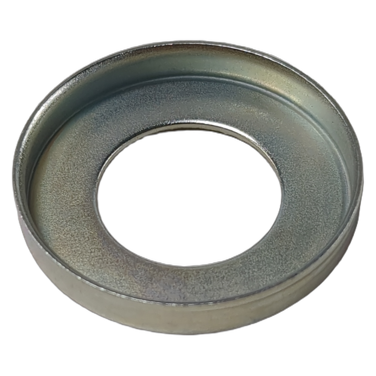 Round metallic washer with a raised outer edge and large central hole, silver finish.
