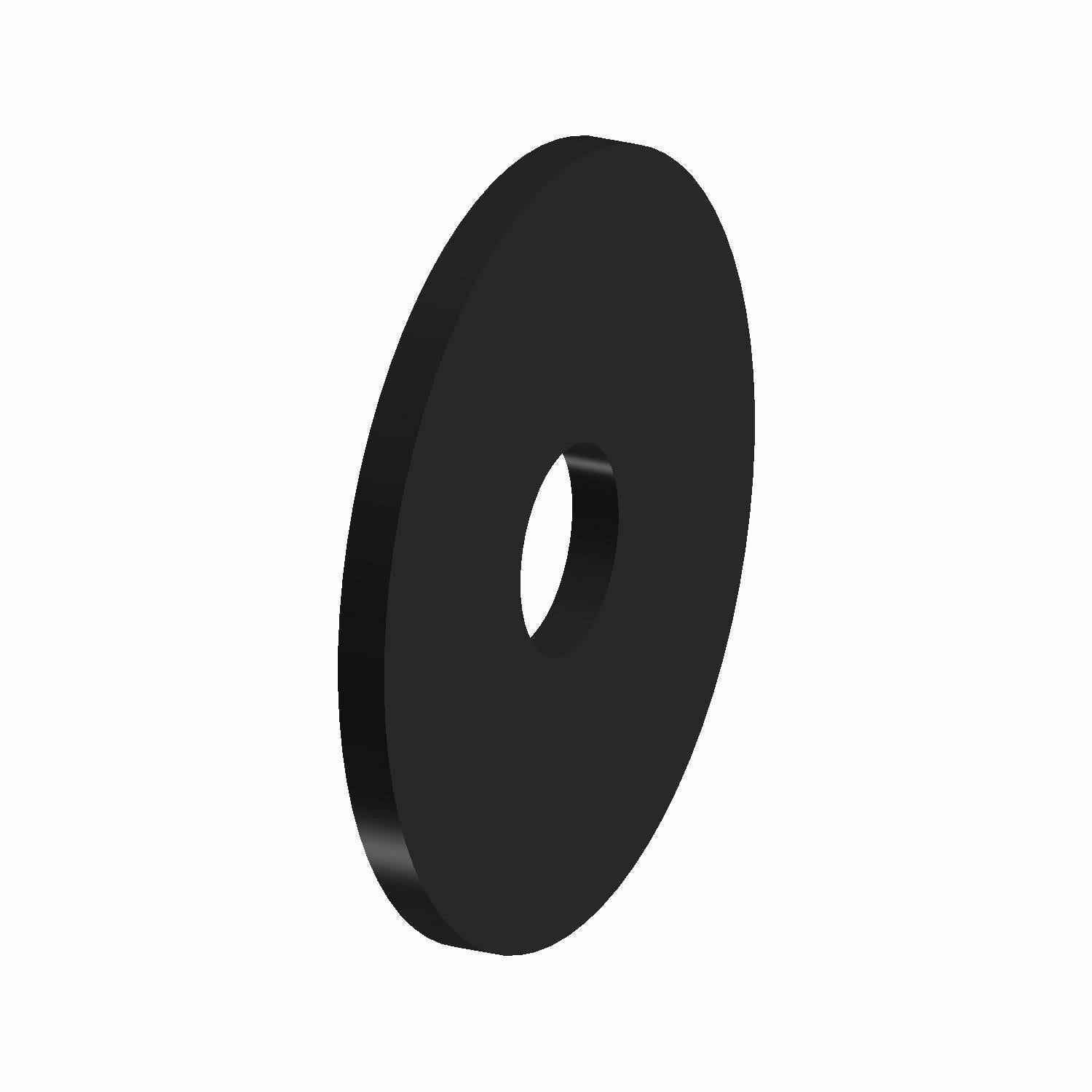 Black flat metal washer with a central hole, smooth surface, thin and round shape.