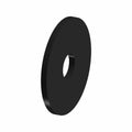 Black flat metal washer with a central hole, smooth surface, thin and round shape.