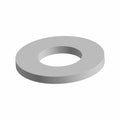 Silver flat metal washer with central round hole and smooth surface.