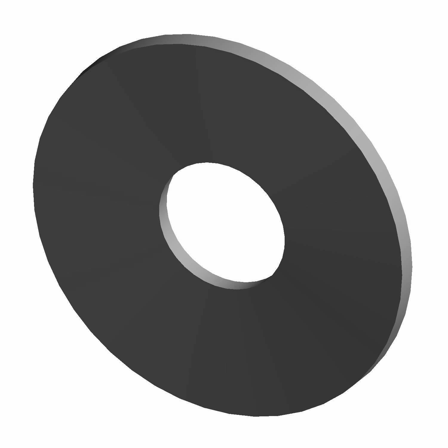 Black round metal washer with a central hole and a flat smooth surface.