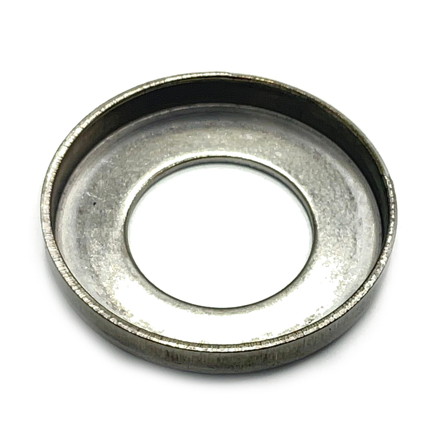 Round metal suspension cap washer with a shallow lip and central hole, silver finish.