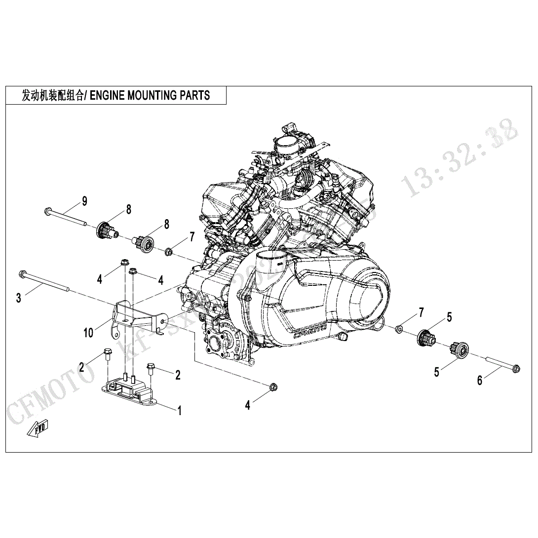An Image of a Genuine CFMOTO Parts Schematic Diagram showing the schematic - ENGINE MOUNTING PARTS(2) - 2023 CFMOTO ZFORCE 800 Trail