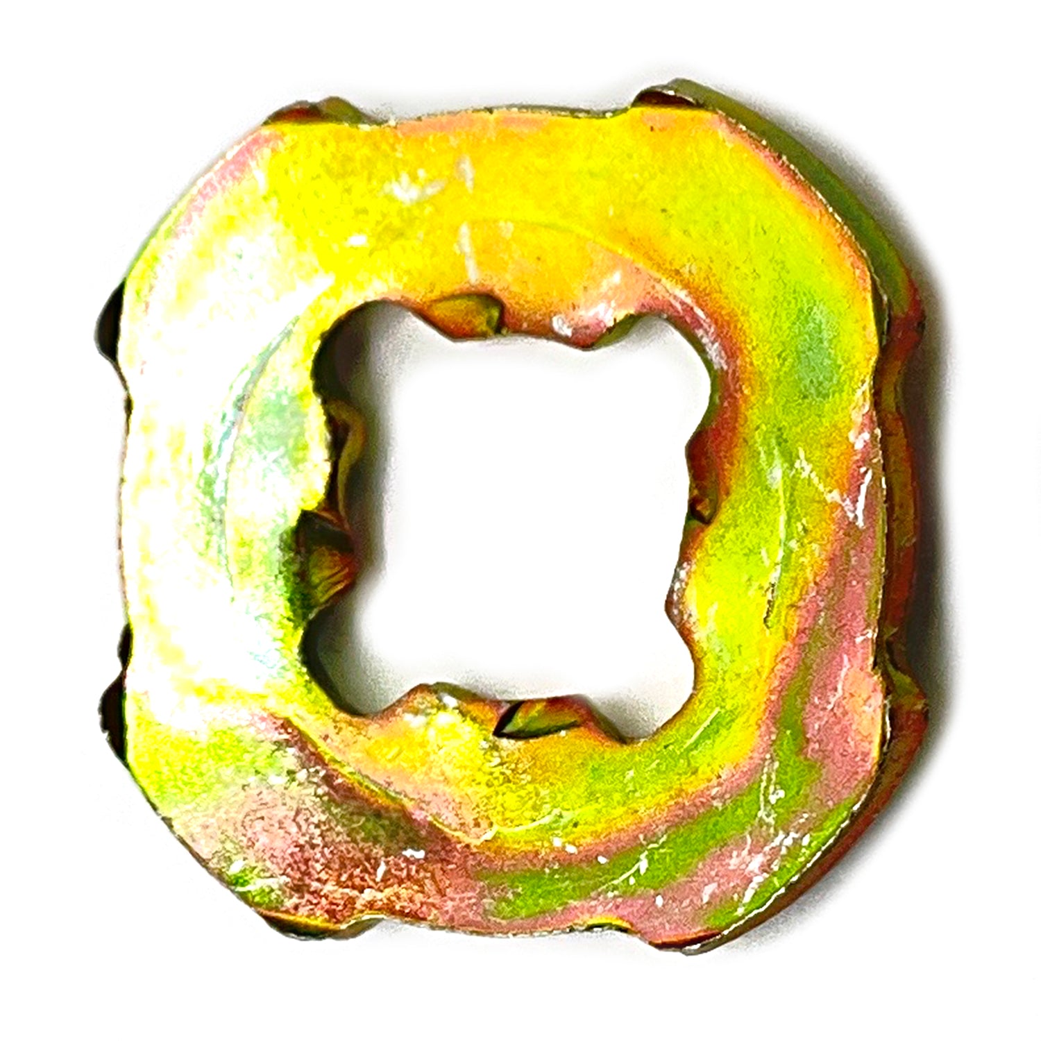 Yellow-gold metal square lock washer with notched edges and central square hole.