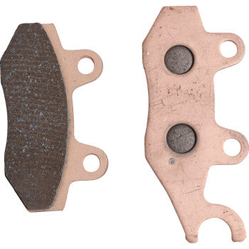 Two Sintered Brake Pads by All Balls are displayed: the left side reveals a textured braking surface for excellent stopping power, while the right side shows two circular indents and mounting holes for enhanced durability.