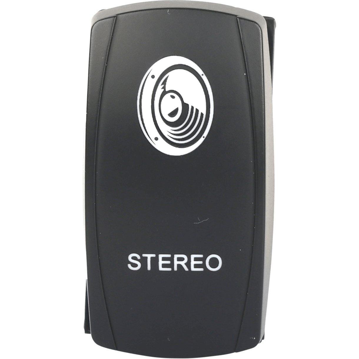 The Stereo Accessory Led Switch Pro Backlit by Open Trail features a black front panel with a white speaker icon and STEREO label, rounded edges with gray accents, and dual LEDs for enhanced visibility.