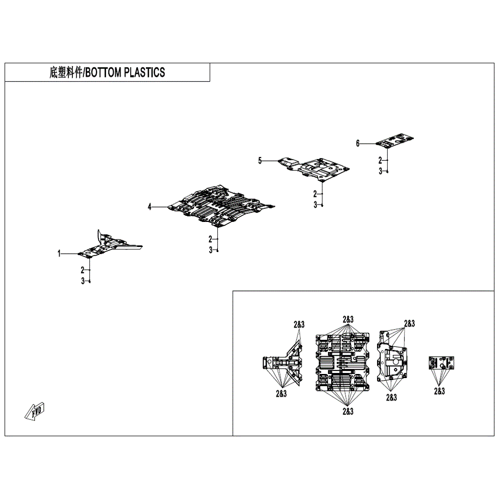 An Image of a Genuine CFMOTO Parts Schematic Diagram showing the schematic - BOTTOM PLASTICS - 2023 CFMOTO ZFORCE 800 Trail