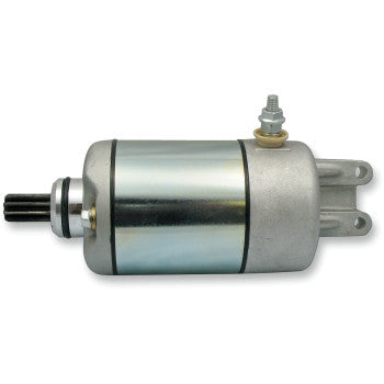 Silver cylindrical starter motor with black gear shaft and metallic mounting bracket.