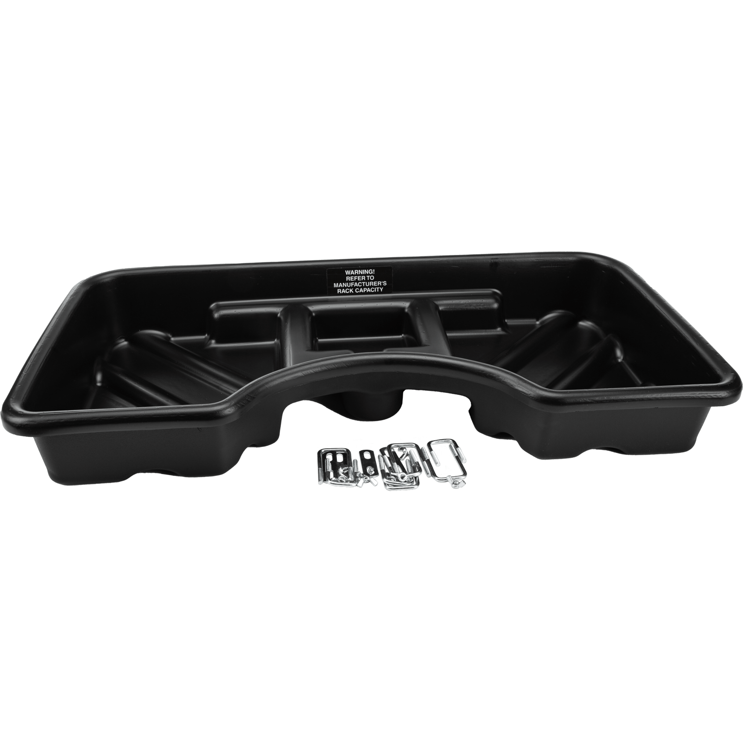 The Cargo Basket Base Small by Open Trail, made of black plastic, is shown with several small metal hardware pieces such as clips and bolts arranged in front of it.