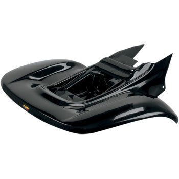 A glossy black Rear Fender by Maier with a sleek, angular design made from high-density polyethylene, photographed on a white background.