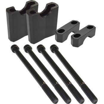 Four black bolts and three black metal mounting brackets with holes from the Powermadd Universal 7/8 Bar Risers with Bolts 2, ideal for bar clamps or motorcycle risers, are arranged neatly on a white background.