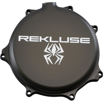 The Kawasaki Clutch Cover by Rekluse is a round, double hard anodized billet aluminum cover with REKLUSE and a white spider logo. It features multiple bolt holes around the edge and is designed for increased oil capacity.