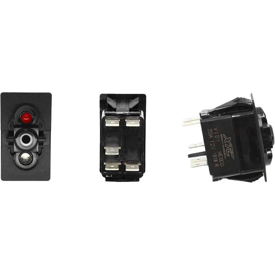 The Dash Switch Body Single Acc Red/Blue by XTC Power features a black rocker with a red indicator, shown from multiple angles to highlight its button, terminals, and markings—ideal for reliable UTV wiring with ignition protection.