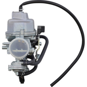 A close-up of the Honda Replacement Carburetor by Moose Offroad, featuring attached black hoses and metallic components—a dependable OEM option for boosting your motorcycle’s performance.