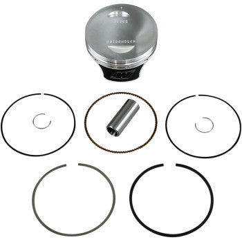 Silver metal piston with black base and set of black and silver piston rings, a wrist pin, and circlips arranged below.