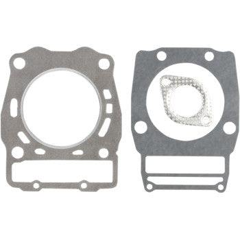 Gray composite gaskets set for engine top end with circular and rectangular cutouts.