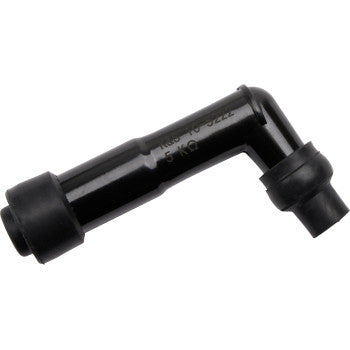 The Moose Offroad Spark Plug Resistor Cover 102° Elbow Type is a black, L-shaped cap with rubberized ends and a visible 5 kΩ label, offering reliable ceramic resistors and waterproof protection for off-road use.