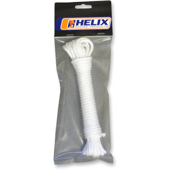The Rope Starter Nylon 25 #6 by Helix is a pre-cut white braided rope, perfect for recoil starter repairs, and comes coiled in a clear plastic bag with a black and orange Helix-branded label at the top.