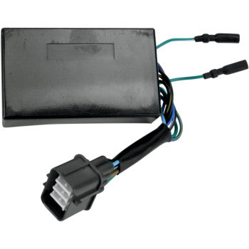 The Honda CDI Box by Ricks Motorsport Electric is a rectangular black OEM-style replacement unit with multicolored wires, a gray plastic connector, and two short wires ending in female bullet connectors.