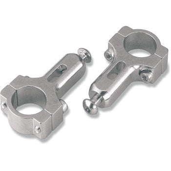 The Aluminum 7/8" Hand Guard Mount Clamps Silver by Moose Offroad are metallic brackets with circular openings and tightening screws, ideal for securing motorcycle handlebars or mounting handguards.