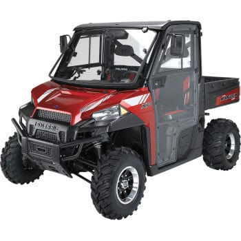 A Complete Cab Polaris Ranger900 by Moose Utility is shown from a front-side angle; its red with a black roof, off-road tires, full doors, cargo bed, and a rugged tilt windshield for protection and versatility.
