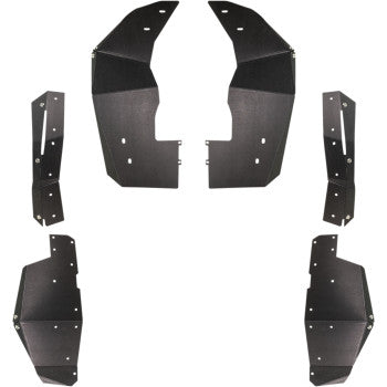 Six black metal panels with various angles and holes, symmetrically arranged on a white background, are components from the Polaris General Fender Flare Kit 1000 by Seizmik.
