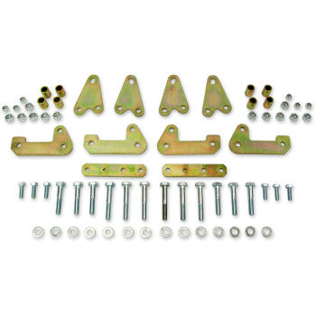 A set of metal brackets, bolts, nuts, and washers arranged neatly in rows on a white background, components from the Lift Kit Front Back 2.00 by High Lifter designed to increase ATV ground clearance.