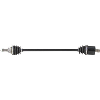 Black metal Polaris RZR Turbo S rear CV axle kit with rubber protective boots on each end.