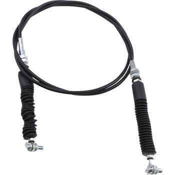 Black flexible Polaris UTV shifter cable with metal connectors and protective rubber boots on both ends.